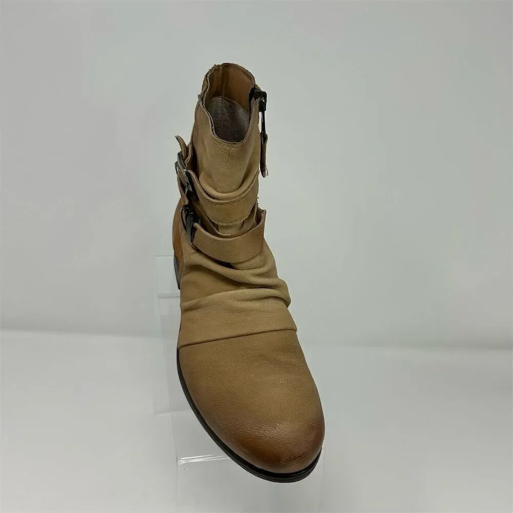 Miz Mooz Beige Leather Ankle Boots Size 39 (US 8.5-9) Strappy Buckle Ruched